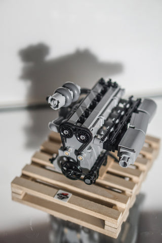 Toyota Supra 2jz turbo lego engine model with wooden pallet front view